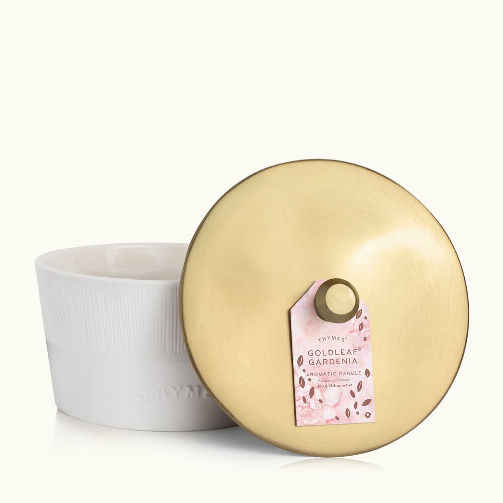 Thymes Goldleaf Gardenia 3-Wick Candle lid view image number 2